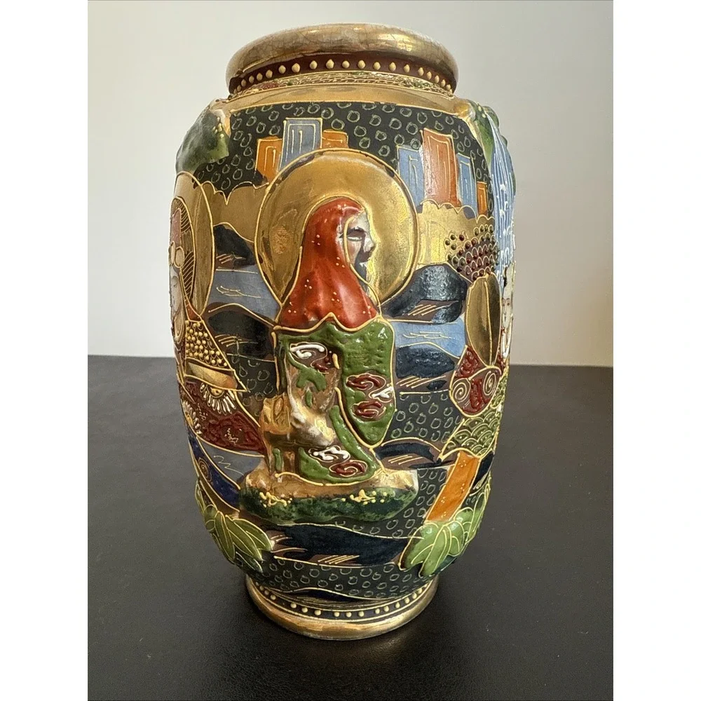 Antique Japanese Intricate Raised Enamel Moriage Satsuma Vase 6 Immortals Dragon